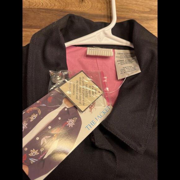 White Stag Embroidered Jacket Black Denim Long Sleeve Button Large Floral Retro - Picture 8 of 9